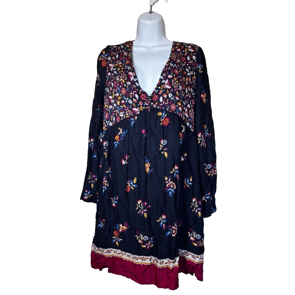 Sézane Floral Boho Tiered Long Sleeve Dress Size 42(FR)/US 10-12 Navy & Burgundy - Picture 3 of 7